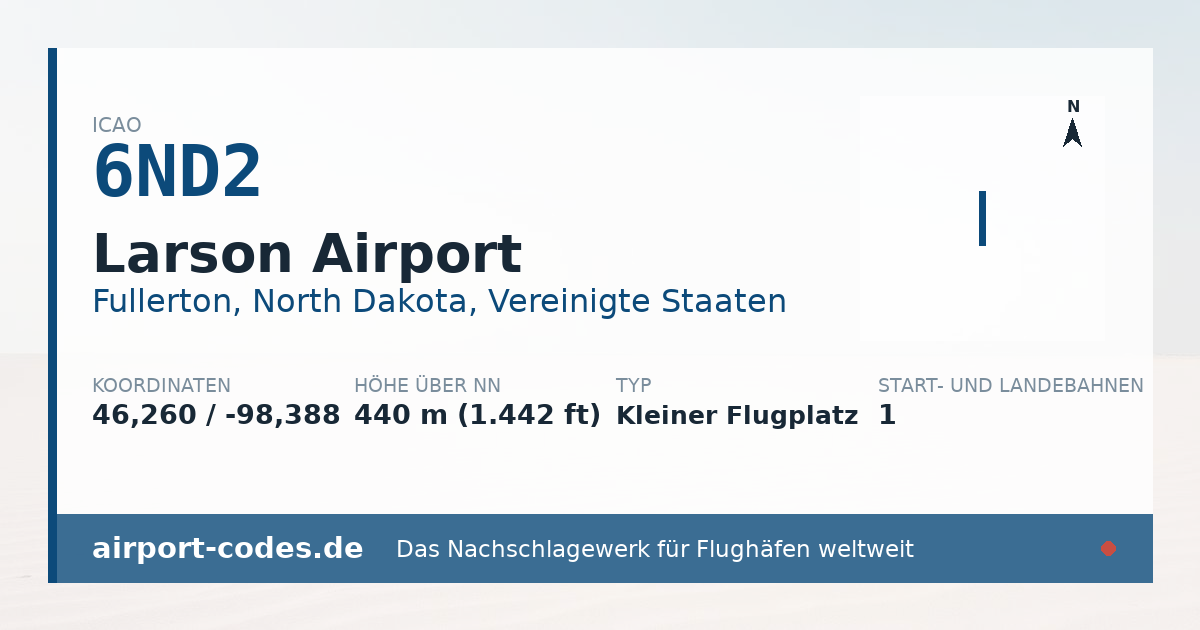 Generierte Übersichtsgrafik zum Flughafen Larson Airport mit Codes, Koordinaten und Bahnenskizze