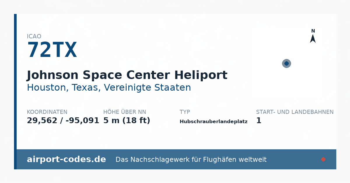 Generierte Übersichtsgrafik zum Flughafen Johnson Space Center Heliport mit Codes, Koordinaten und Bahnenskizze