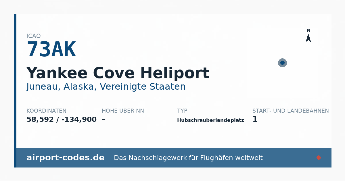 Generierte Übersichtsgrafik zum Flughafen Yankee Cove Heliport mit Codes, Koordinaten und Bahnenskizze