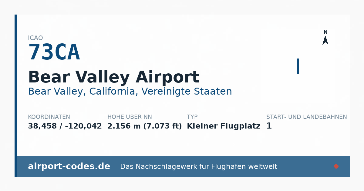Generierte Übersichtsgrafik zum Flughafen Bear Valley Airport mit Codes, Koordinaten und Bahnenskizze