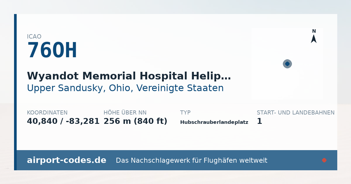 Generierte Übersichtsgrafik zum Flughafen Wyandot Memorial Hospital Heliport mit Codes, Koordinaten und Bahnenskizze
