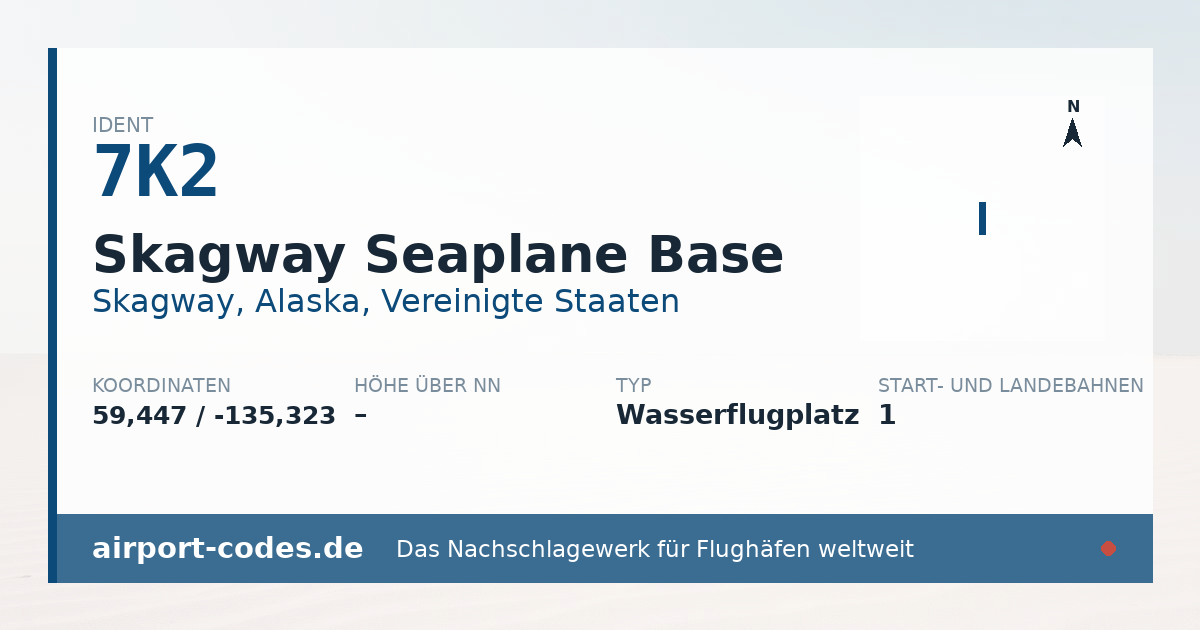 Generierte Übersichtsgrafik zum Flughafen Skagway Seaplane Base mit Codes, Koordinaten und Bahnenskizze