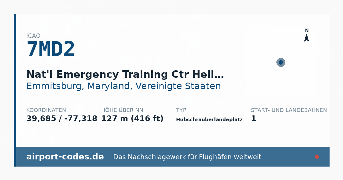 Generierte Übersichtsgrafik zum Flughafen Nat'l Emergency Training Ctr Heliport mit Codes, Koordinaten und Bahnenskizze