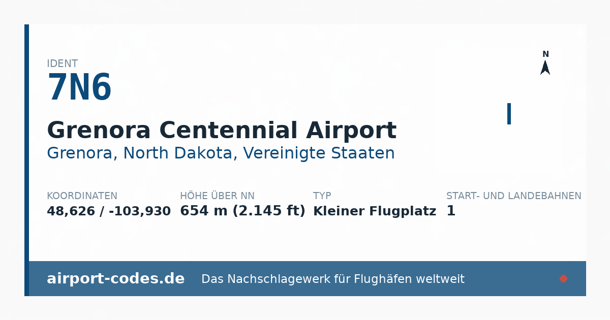 Generierte Übersichtsgrafik zum Flughafen Grenora Centennial Airport mit Codes, Koordinaten und Bahnenskizze