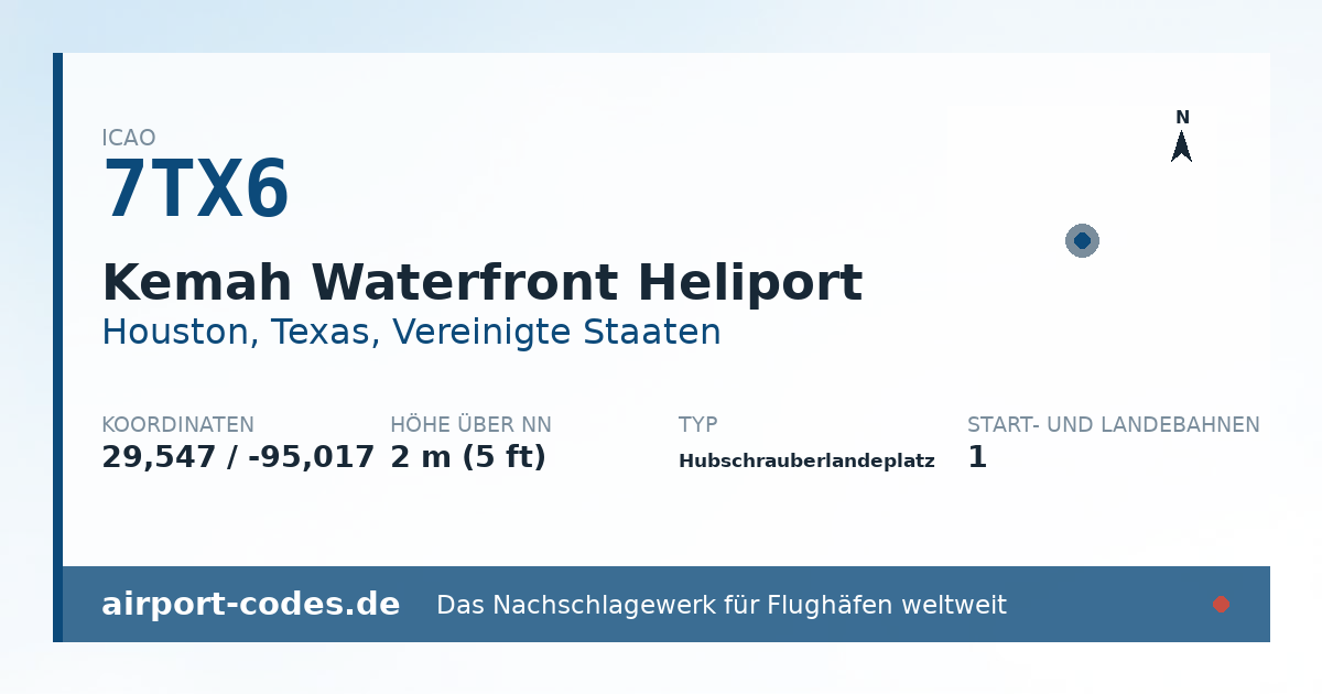 Generierte Übersichtsgrafik zum Flughafen Kemah Waterfront Heliport mit Codes, Koordinaten und Bahnenskizze