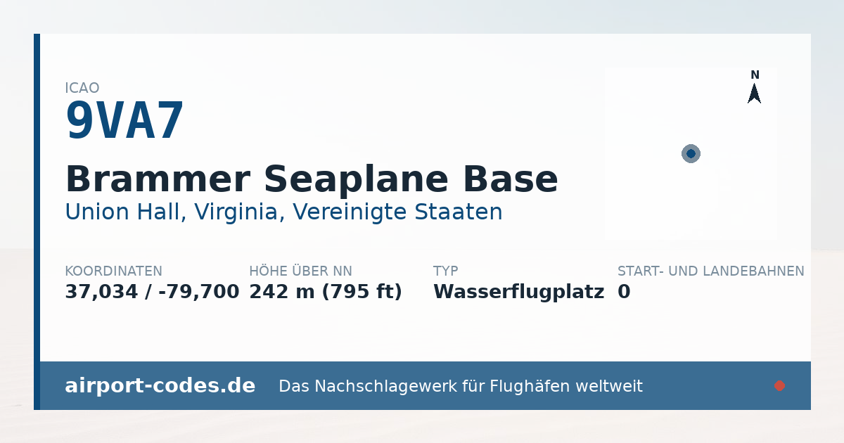 Generierte Übersichtsgrafik zum Flughafen Brammer Seaplane Base mit Codes, Koordinaten und Bahnenskizze