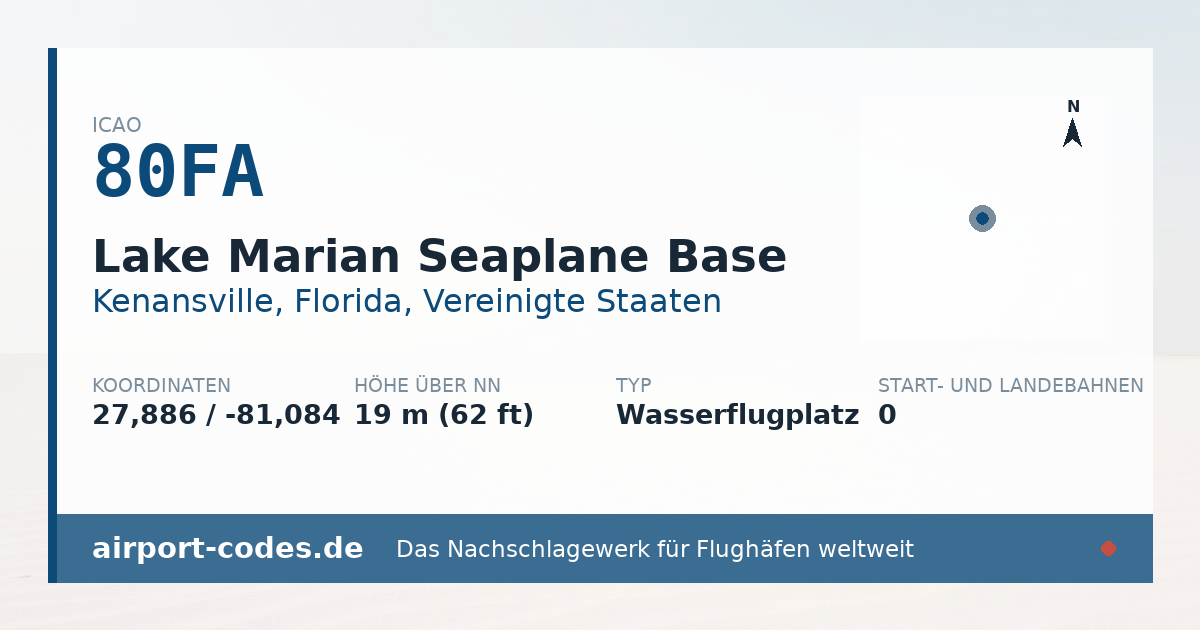 Generierte Übersichtsgrafik zum Flughafen Lake Marian Seaplane Base mit Codes, Koordinaten und Bahnenskizze