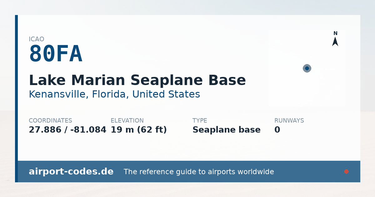Generated summary graphic for Lake Marian Seaplane Base showing codes, coordinates and a runway sketch
