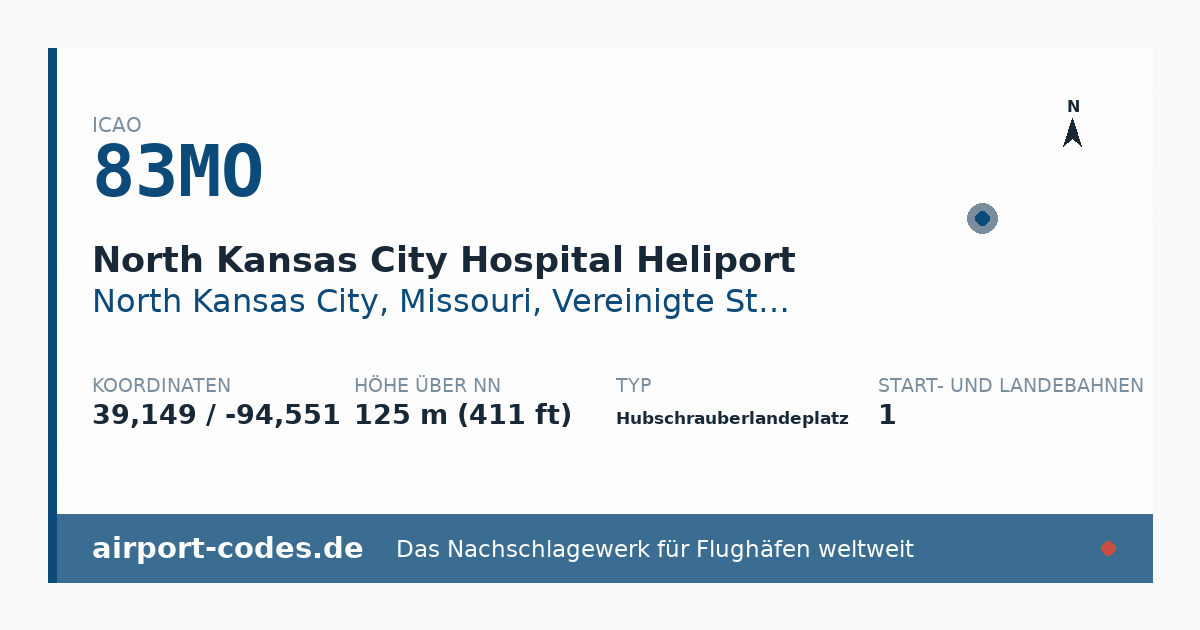 Generierte Übersichtsgrafik zum Flughafen North Kansas City Hospital Heliport mit Codes, Koordinaten und Bahnenskizze