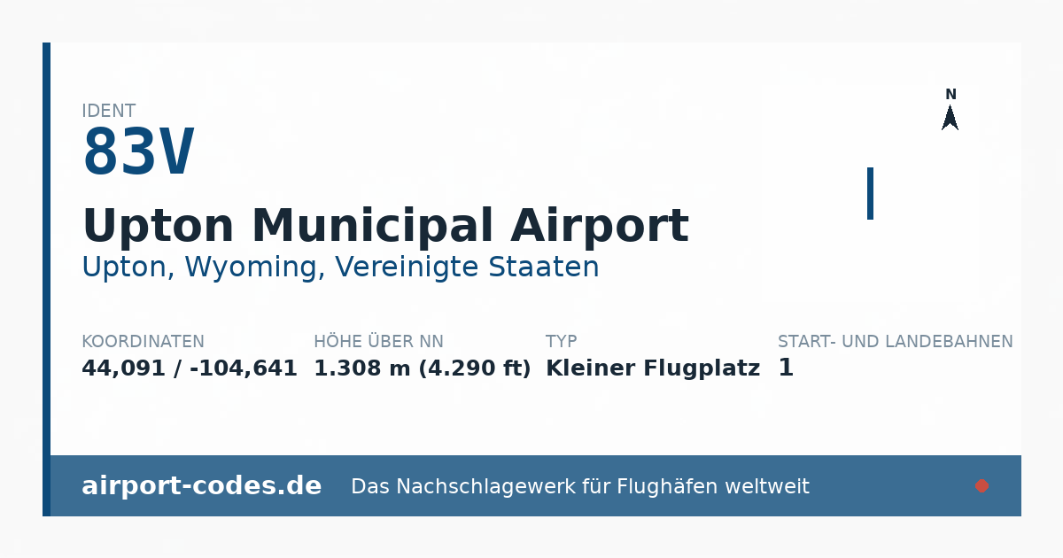 Generierte Übersichtsgrafik zum Flughafen Upton Municipal Airport mit Codes, Koordinaten und Bahnenskizze