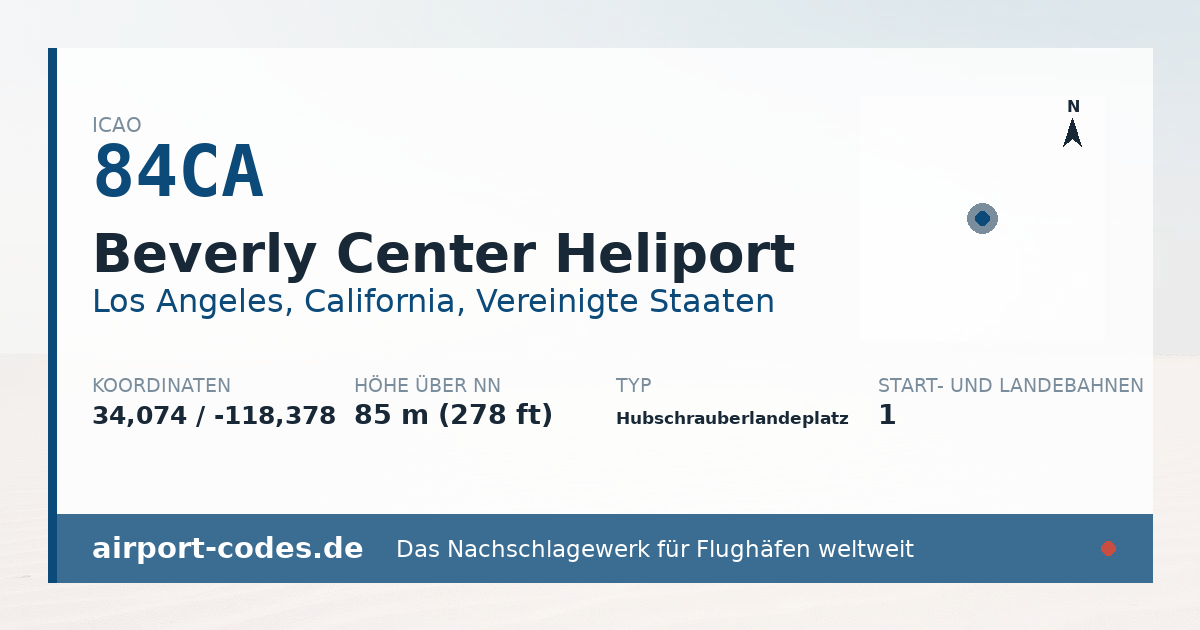 Generierte Übersichtsgrafik zum Flughafen Beverly Center Heliport mit Codes, Koordinaten und Bahnenskizze
