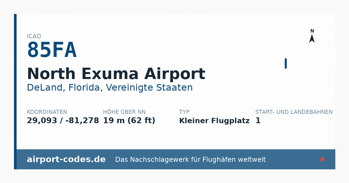 Generierte Übersichtsgrafik zum Flughafen North Exuma Airport mit Codes, Koordinaten und Bahnenskizze