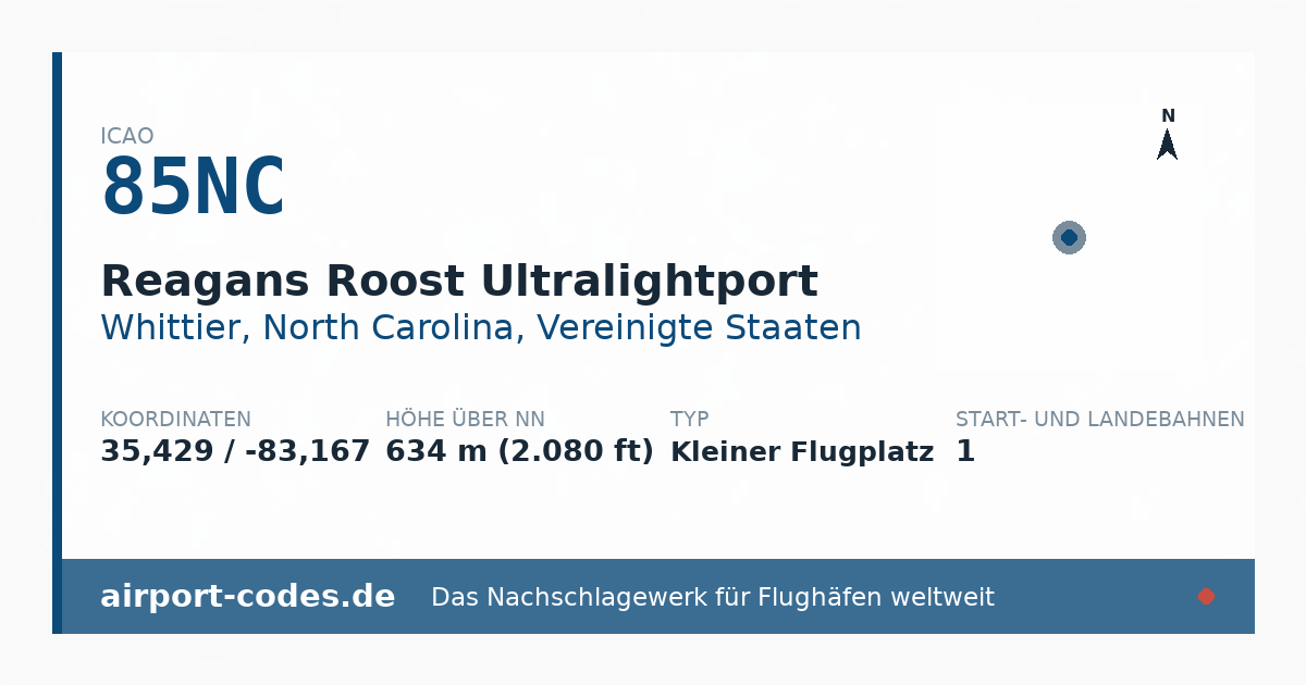 Generierte Übersichtsgrafik zum Flughafen Reagans Roost Ultralightport mit Codes, Koordinaten und Bahnenskizze