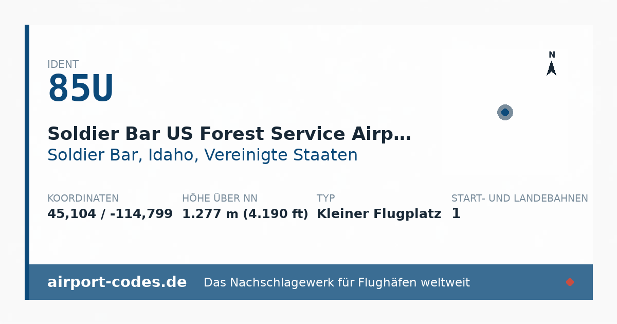 Generierte Übersichtsgrafik zum Flughafen Soldier Bar US Forest Service Airport mit Codes, Koordinaten und Bahnenskizze