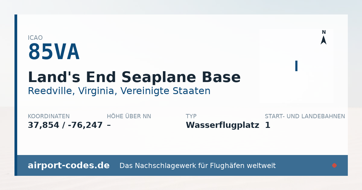 Generierte Übersichtsgrafik zum Flughafen Land's End Seaplane Base mit Codes, Koordinaten und Bahnenskizze