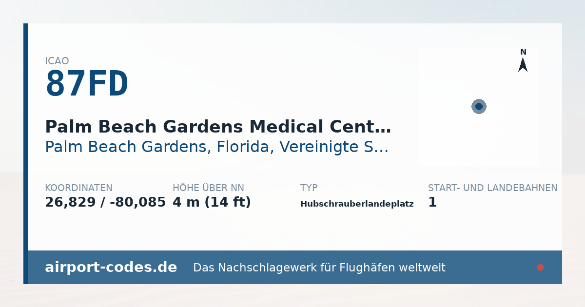 Generierte Übersichtsgrafik zum Flughafen Palm Beach Gardens Medical Center Heliport mit Codes, Koordinaten und Bahnenskizze