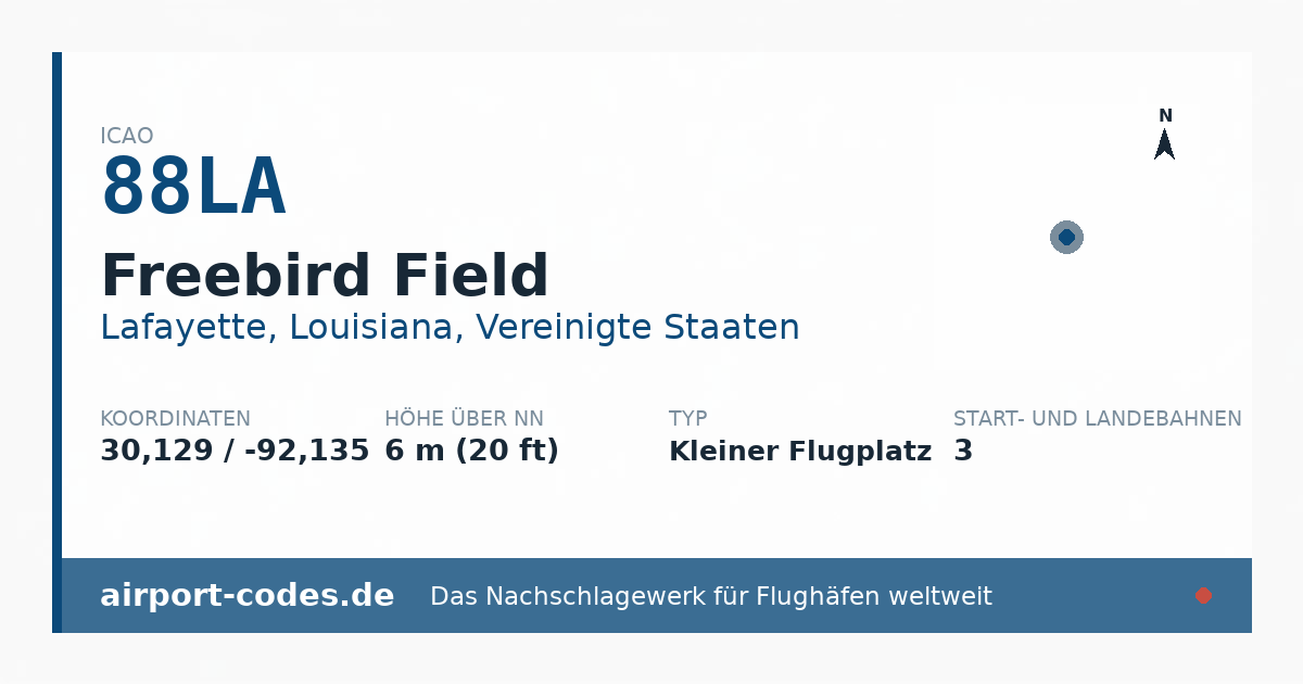 Generierte Übersichtsgrafik zum Flughafen Freebird Field mit Codes, Koordinaten und Bahnenskizze