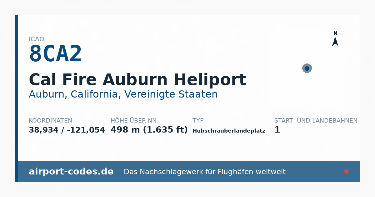 Generierte Übersichtsgrafik zum Flughafen Cal Fire Auburn Heliport mit Codes, Koordinaten und Bahnenskizze