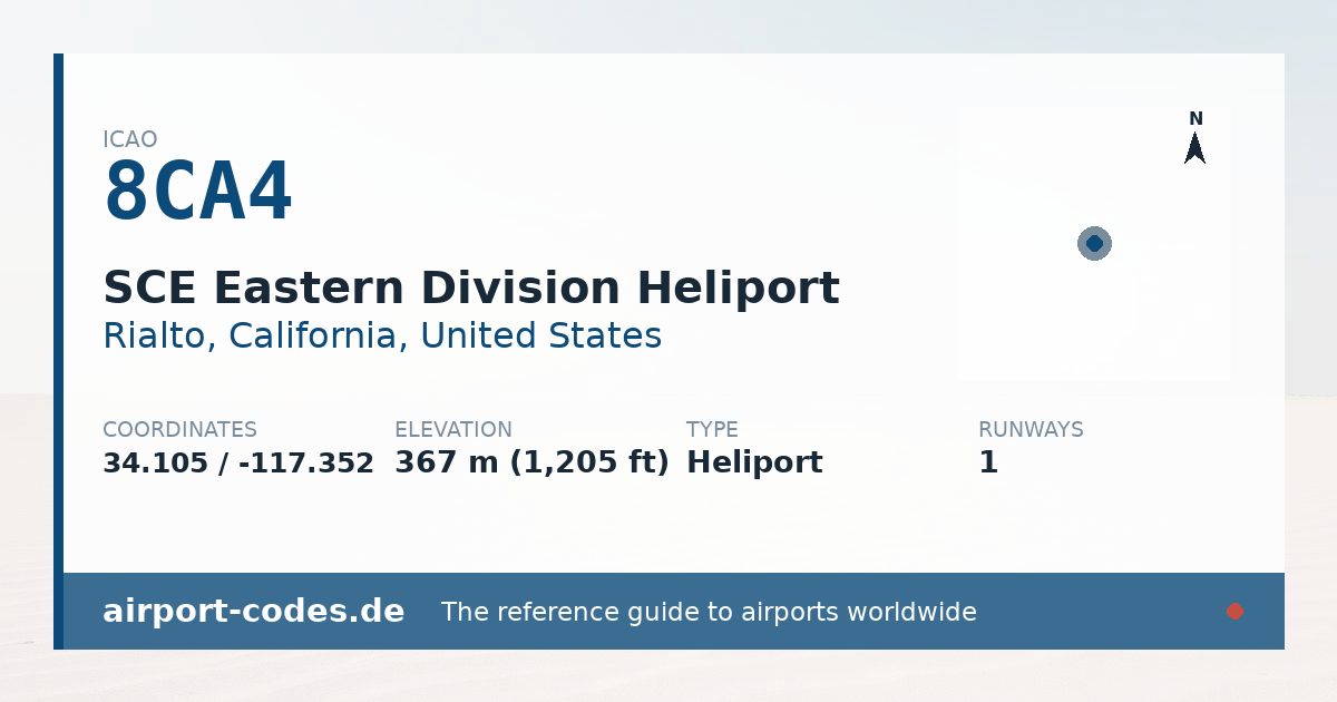 Generated summary graphic for SCE Eastern Division Heliport showing codes, coordinates and a runway sketch