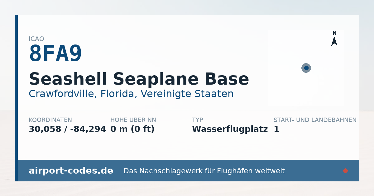 Generierte Übersichtsgrafik zum Flughafen Seashell Seaplane Base mit Codes, Koordinaten und Bahnenskizze