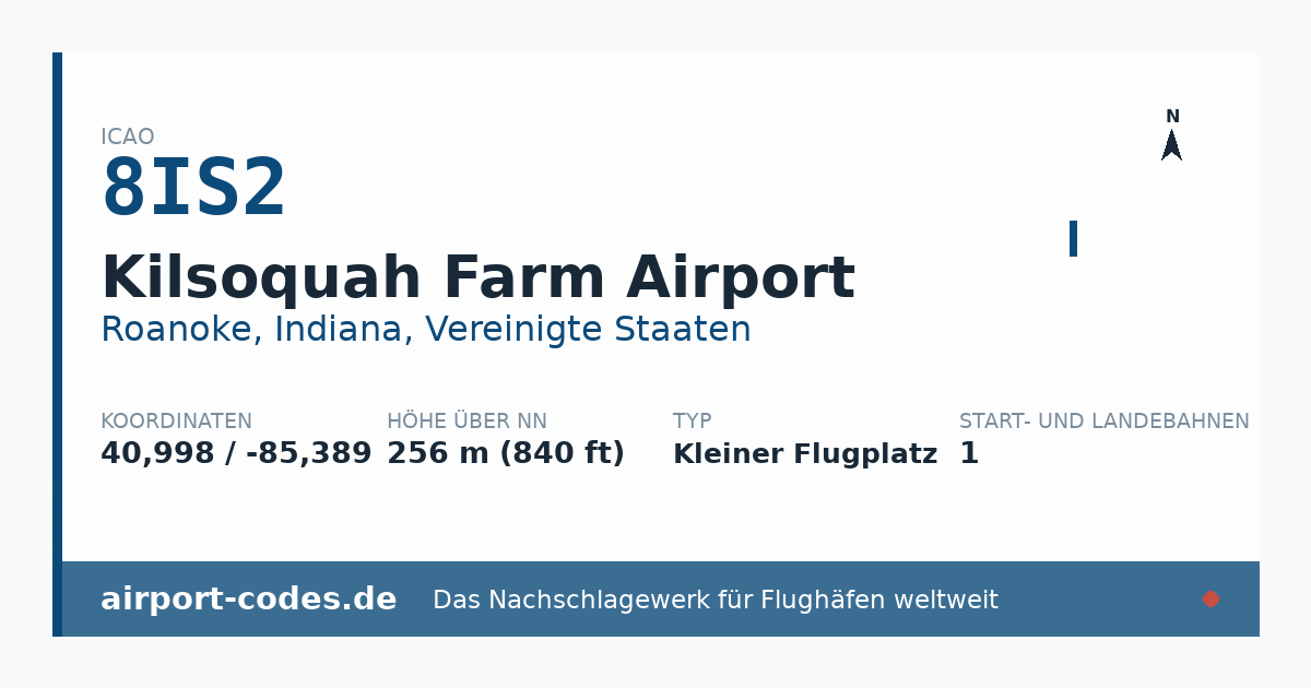Generierte Übersichtsgrafik zum Flughafen Kilsoquah Farm Airport mit Codes, Koordinaten und Bahnenskizze