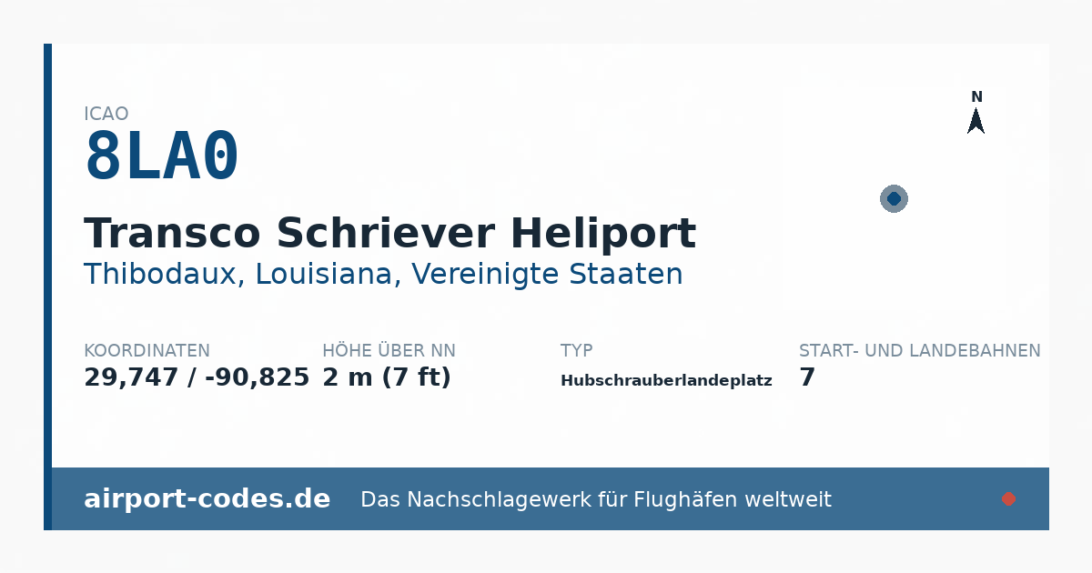 Generierte Übersichtsgrafik zum Flughafen Transco Schriever Heliport mit Codes, Koordinaten und Bahnenskizze