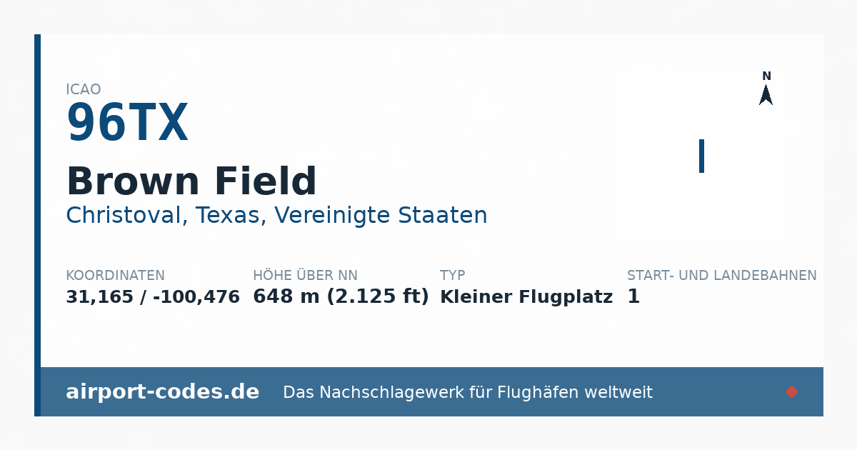 Generierte Übersichtsgrafik zum Flughafen Brown Field mit Codes, Koordinaten und Bahnenskizze