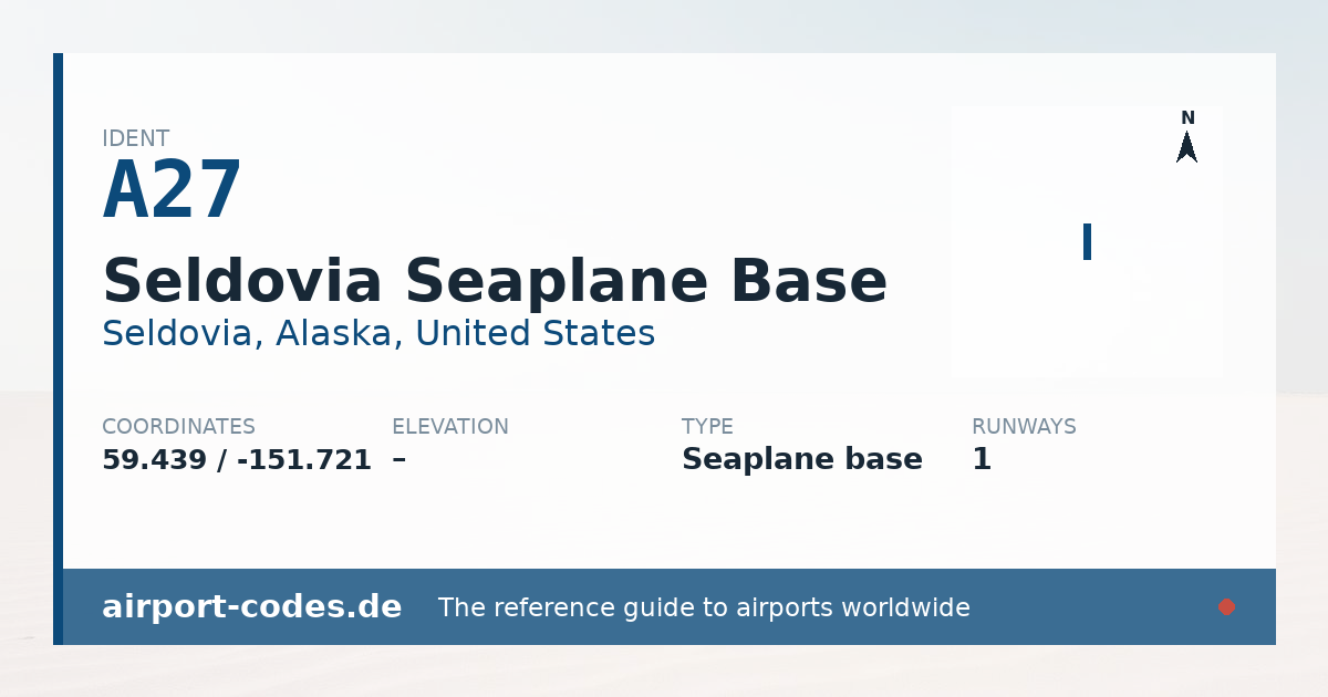 Generated summary graphic for Seldovia Seaplane Base showing codes, coordinates and a runway sketch