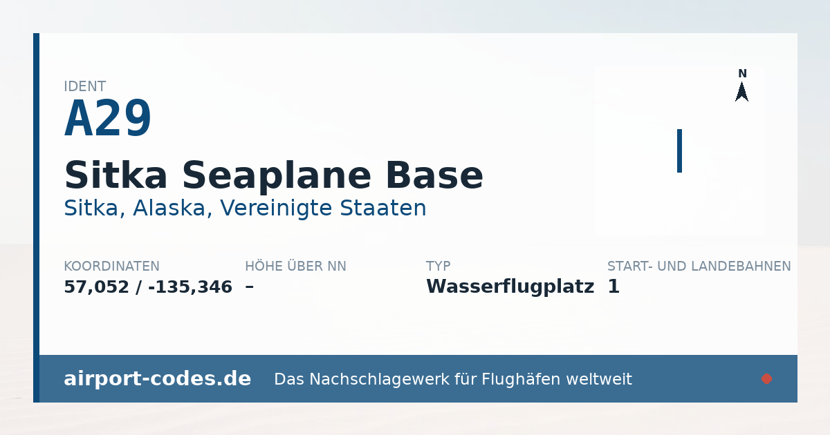 Generierte Übersichtsgrafik zum Flughafen Sitka Seaplane Base mit Codes, Koordinaten und Bahnenskizze