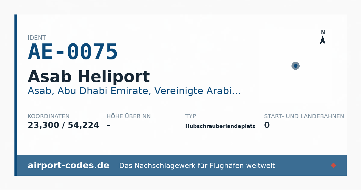 Generierte Übersichtsgrafik zum Flughafen Asab Heliport mit Codes, Koordinaten und Bahnenskizze