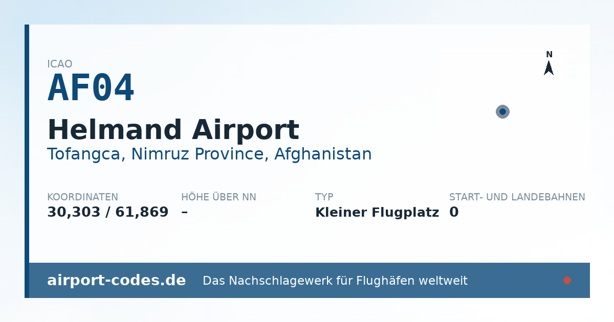 Generierte Übersichtsgrafik zum Flughafen Helmand Airport mit Codes, Koordinaten und Bahnenskizze
