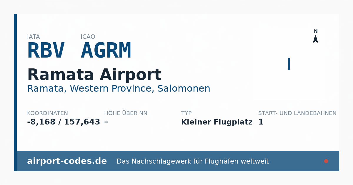 Generierte Übersichtsgrafik zum Flughafen Ramata Airport mit Codes, Koordinaten und Bahnenskizze