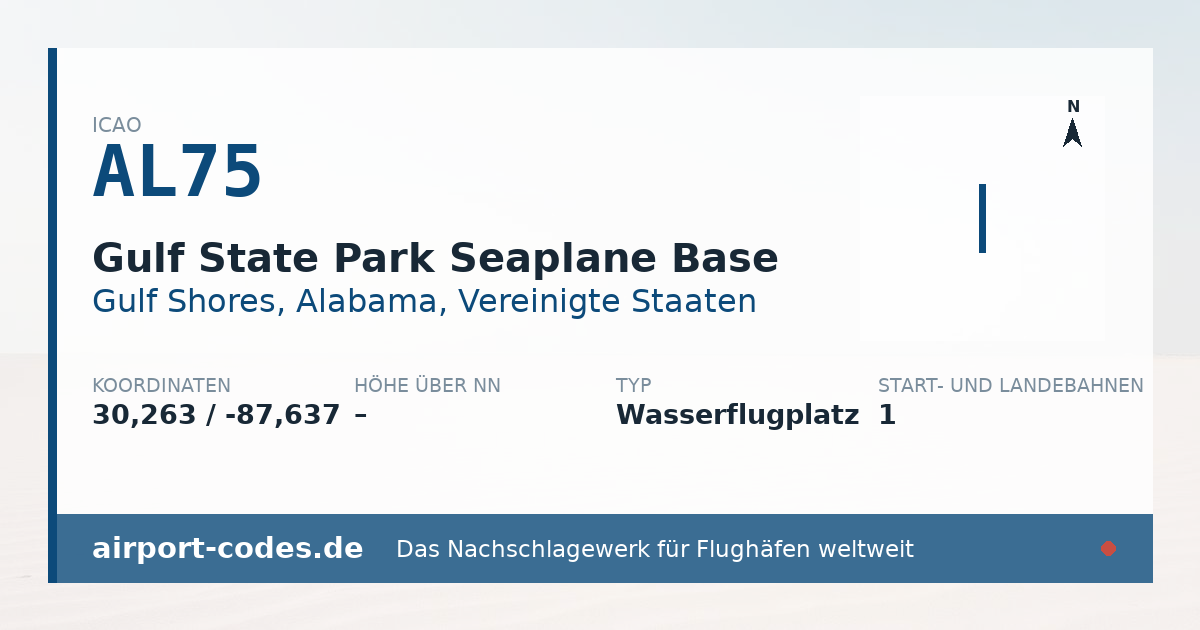 Generierte Übersichtsgrafik zum Flughafen Gulf State Park Seaplane Base mit Codes, Koordinaten und Bahnenskizze