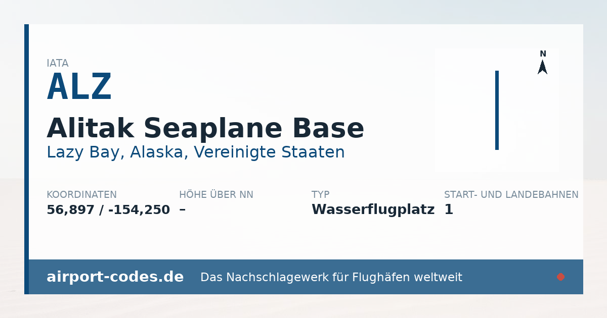 Generierte Übersichtsgrafik zum Flughafen Alitak Seaplane Base mit Codes, Koordinaten und Bahnenskizze