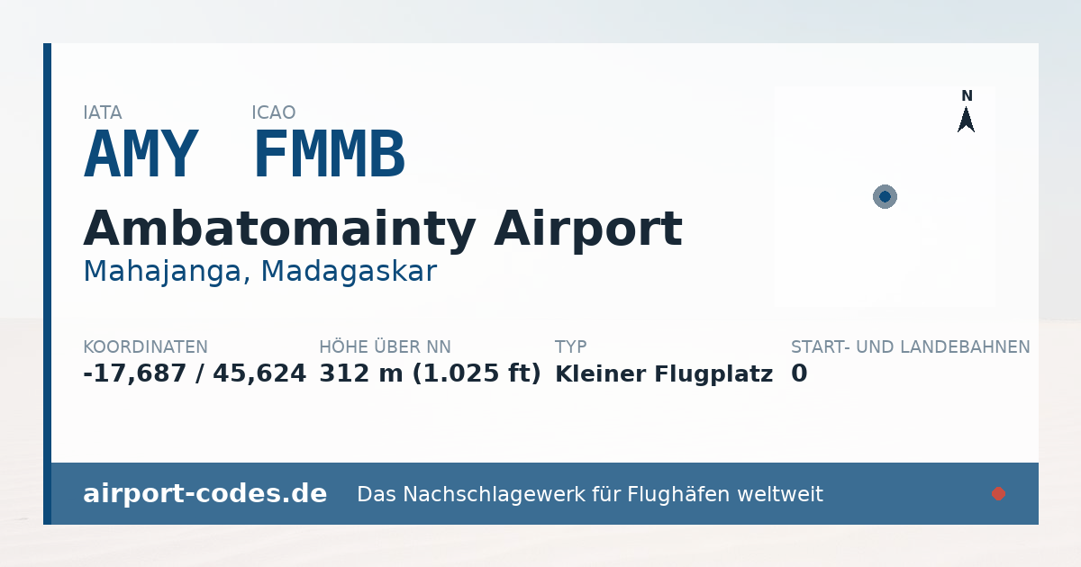 Generierte Übersichtsgrafik zum Flughafen Ambatomainty Airport mit Codes, Koordinaten und Bahnenskizze