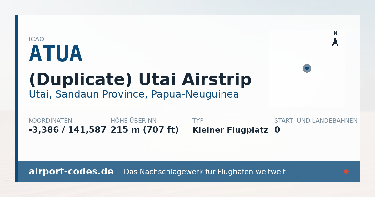 Generierte Übersichtsgrafik zum Flughafen (Duplicate) Utai Airstrip mit Codes, Koordinaten und Bahnenskizze