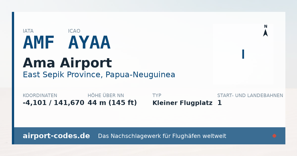 Generierte Übersichtsgrafik zum Flughafen Ama Airport mit Codes, Koordinaten und Bahnenskizze