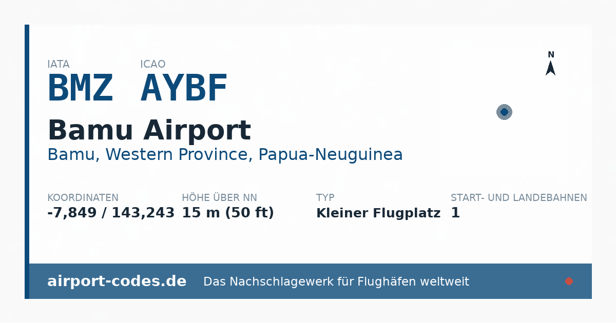 Generierte Übersichtsgrafik zum Flughafen Bamu Airport mit Codes, Koordinaten und Bahnenskizze