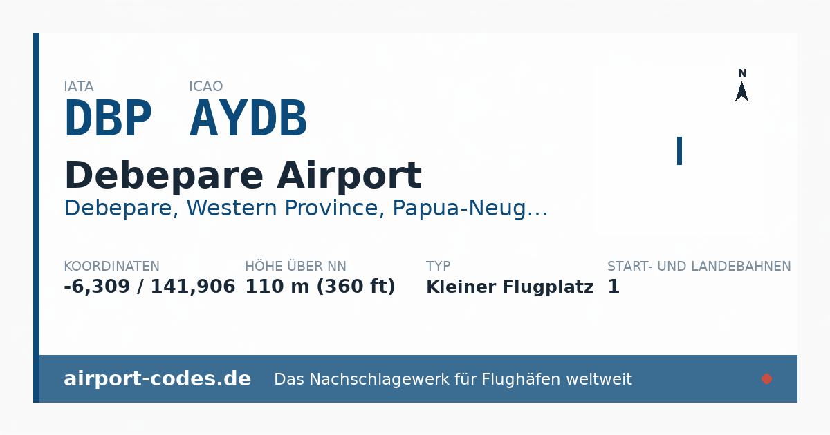 Generierte Übersichtsgrafik zum Flughafen Debepare Airport mit Codes, Koordinaten und Bahnenskizze