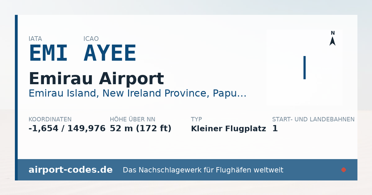 Generierte Übersichtsgrafik zum Flughafen Emirau Airport mit Codes, Koordinaten und Bahnenskizze