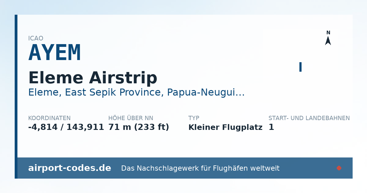 Generierte Übersichtsgrafik zum Flughafen Eleme Airstrip mit Codes, Koordinaten und Bahnenskizze