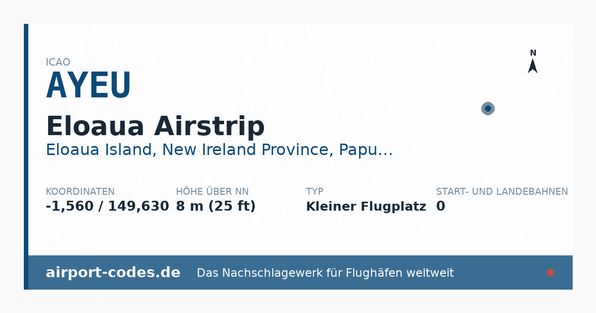 Generierte Übersichtsgrafik zum Flughafen Eloaua Airstrip mit Codes, Koordinaten und Bahnenskizze