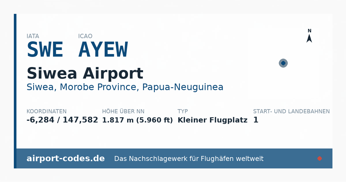 Generierte Übersichtsgrafik zum Flughafen Siwea Airport mit Codes, Koordinaten und Bahnenskizze