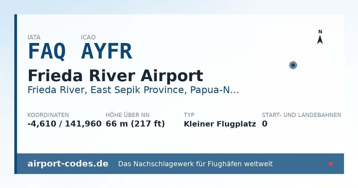 Generierte Übersichtsgrafik zum Flughafen Frieda River Airport mit Codes, Koordinaten und Bahnenskizze