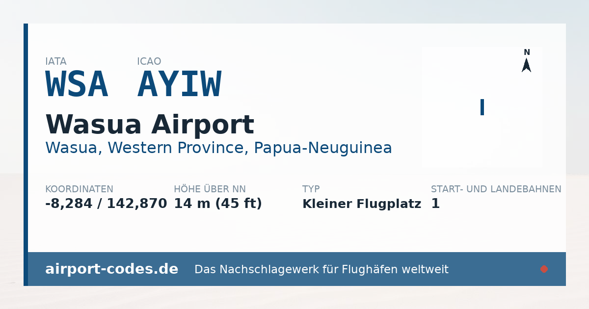 Generierte Übersichtsgrafik zum Flughafen Wasua Airport mit Codes, Koordinaten und Bahnenskizze