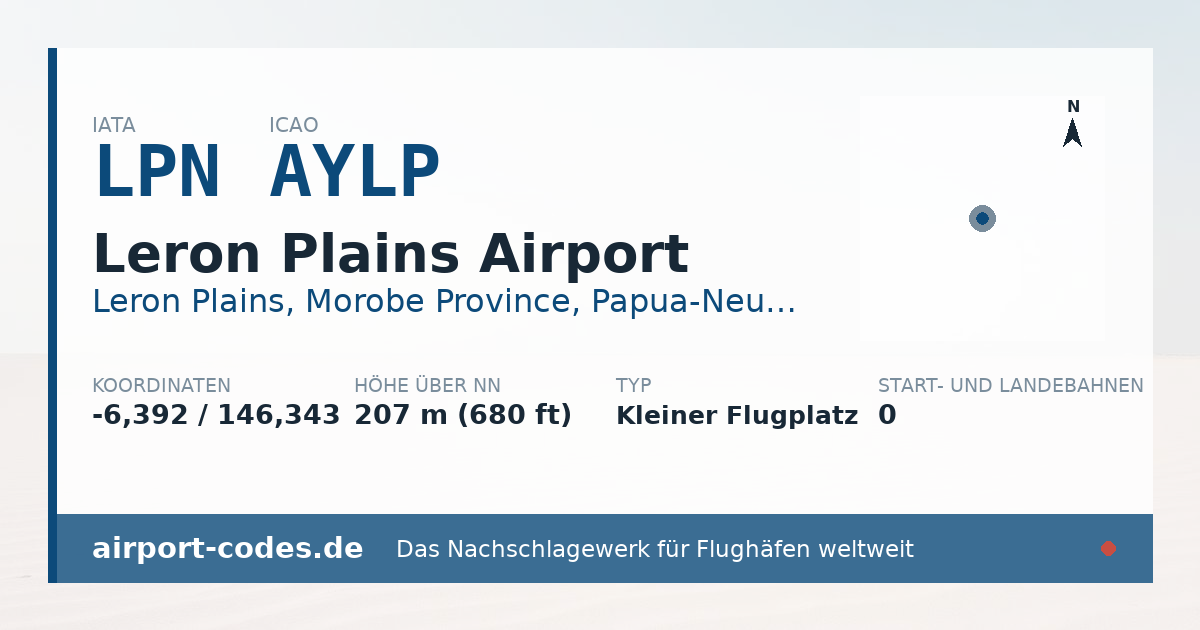 Generierte Übersichtsgrafik zum Flughafen Leron Plains Airport mit Codes, Koordinaten und Bahnenskizze