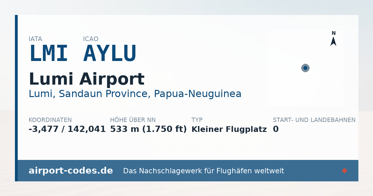 Generierte Übersichtsgrafik zum Flughafen Lumi Airport mit Codes, Koordinaten und Bahnenskizze
