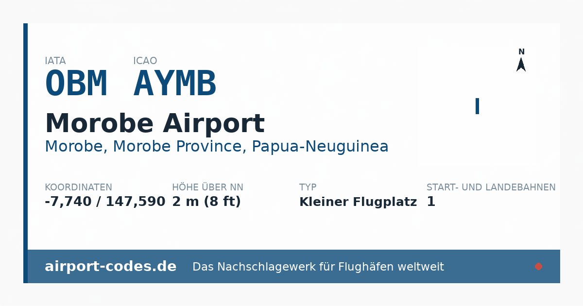 Generierte Übersichtsgrafik zum Flughafen Morobe Airport mit Codes, Koordinaten und Bahnenskizze
