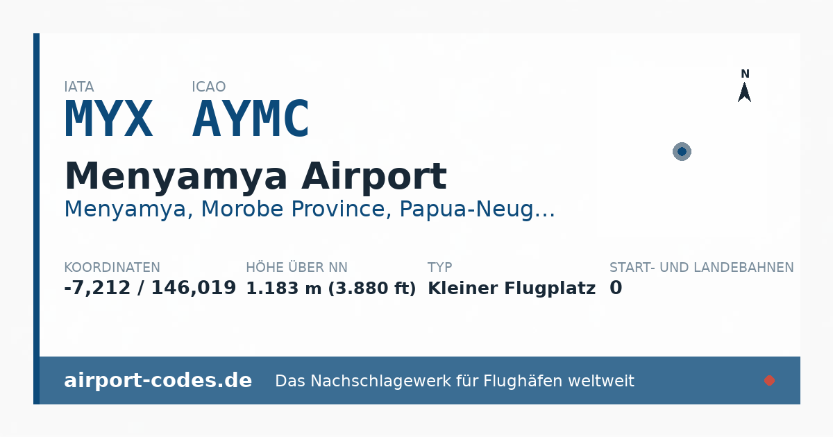 Generierte Übersichtsgrafik zum Flughafen Menyamya Airport mit Codes, Koordinaten und Bahnenskizze