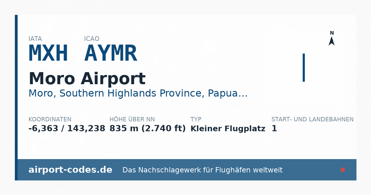 Generierte Übersichtsgrafik zum Flughafen Moro Airport mit Codes, Koordinaten und Bahnenskizze